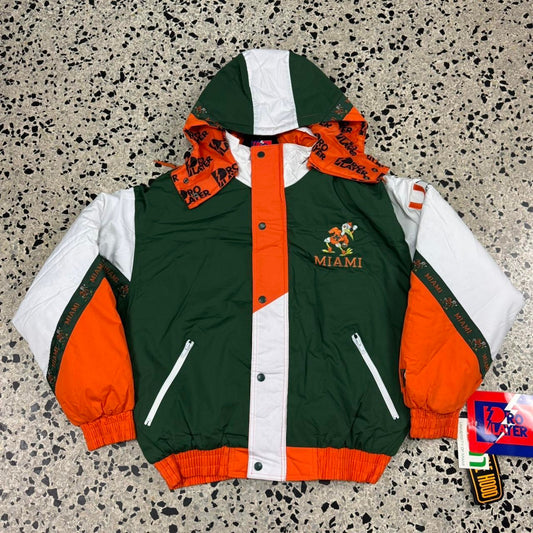 VINTAGE 90S PRO PLAYER MIAMI HURRICANES BNWT NOS JACKET W/ HOOD: