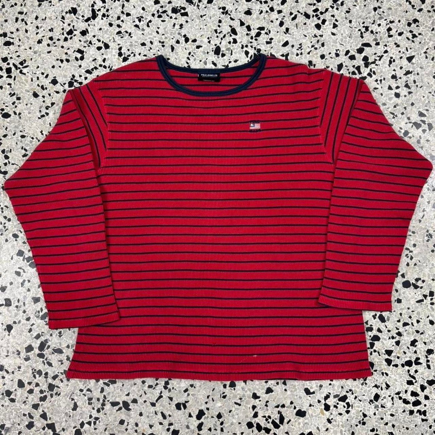 VINTAGE 90S Y2K POLO JEANS CO. RALPH LAUREN RED AND NAVY STRIPED LONGSLEEVE: