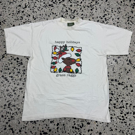 VINTAGE 90S SINGLE STITCH GRASS RAGGS HAPPY HOLIDAY RUDOLPH TEE: