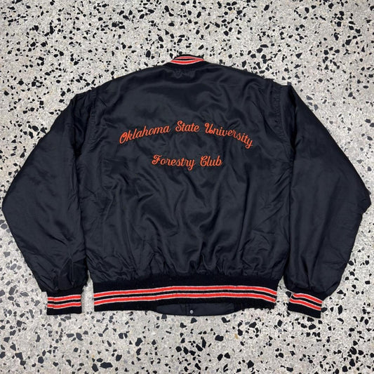 VINTAGE 80S WEST WIND OKLAHOMA STATE UNIVERSITY FORESTRY CLUB NYLON VARSITY JACKET: