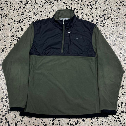 VINTAGE Y2K NIKE SILVER TAG OLIVE GREEN & BLACK QUARTER ZIP FLEECE SWEATSHIRT: