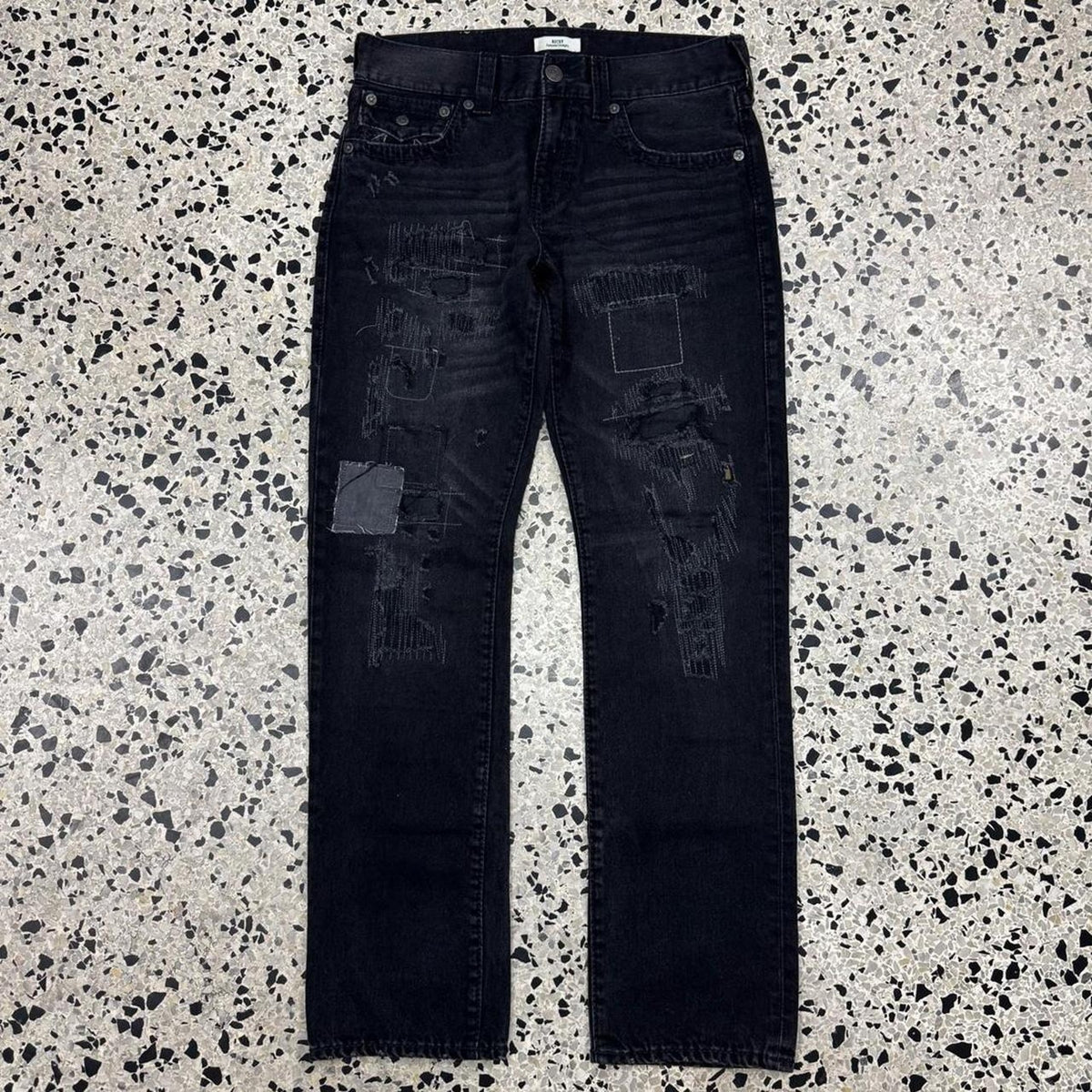 TRUE RELIGION RICKY RELAXED STRAIGHT PATCHWORK GRUNGE PUNK BLACK DENIM JEANS: