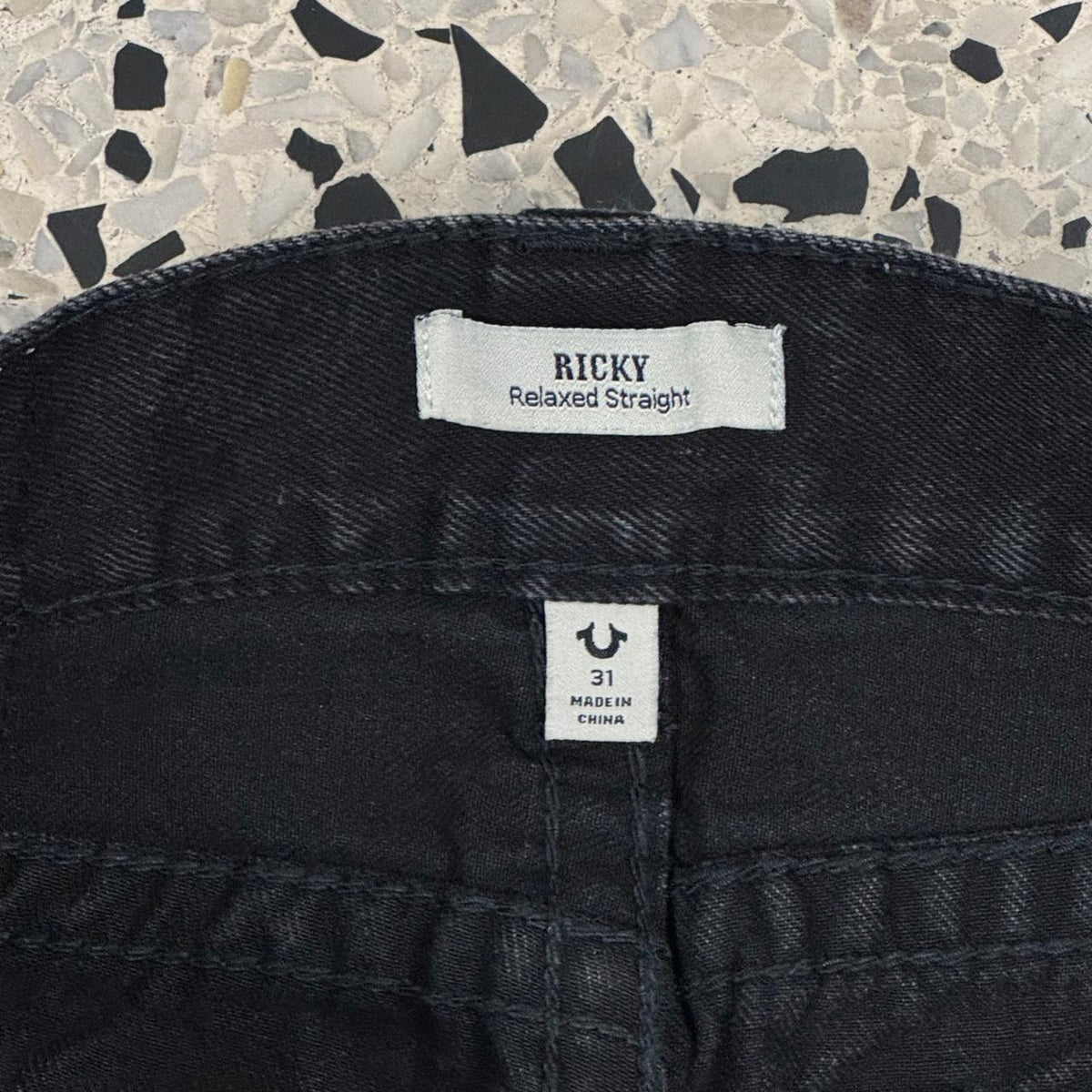 TRUE RELIGION RICKY RELAXED STRAIGHT PATCHWORK GRUNGE PUNK BLACK DENIM JEANS: