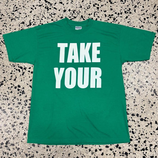 VINTAGE 90S Y2K TAKE YOUR TOP OFF FUNNY DOUBLE SIDED GREEN TEE: