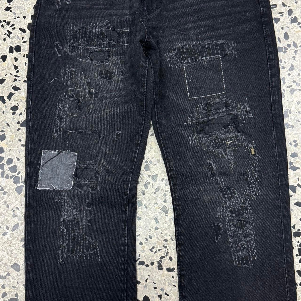 TRUE RELIGION RICKY RELAXED STRAIGHT PATCHWORK GRUNGE PUNK BLACK DENIM JEANS:
