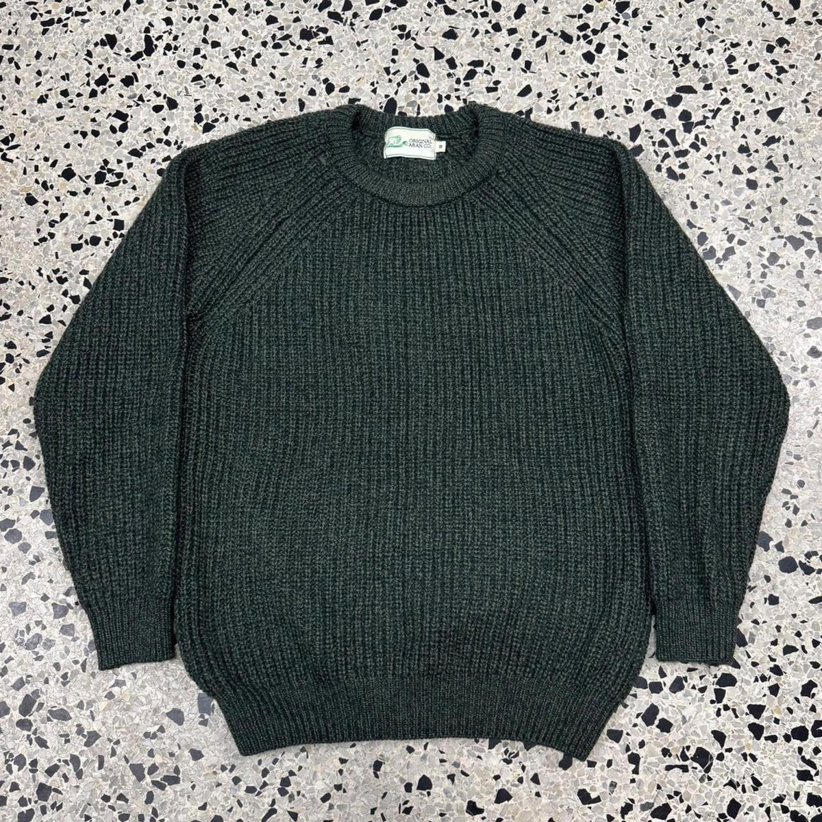 VINTAGE ORIGINAL ARAN CO. 100% NEW MERINO WOOL FOREST GREEN FISHERMAN'S RIBBED SWEATER: