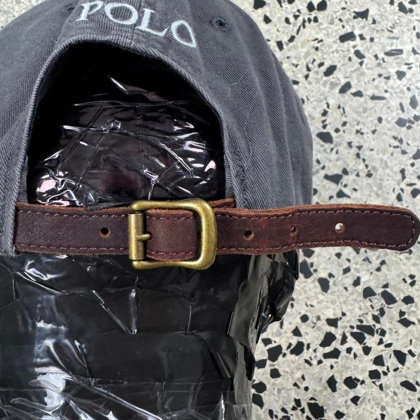 VINTAGE Y2K POLO BY RALPH LAUREN FADED BLACK STRAPBACK W/ LEATHER STRAP: