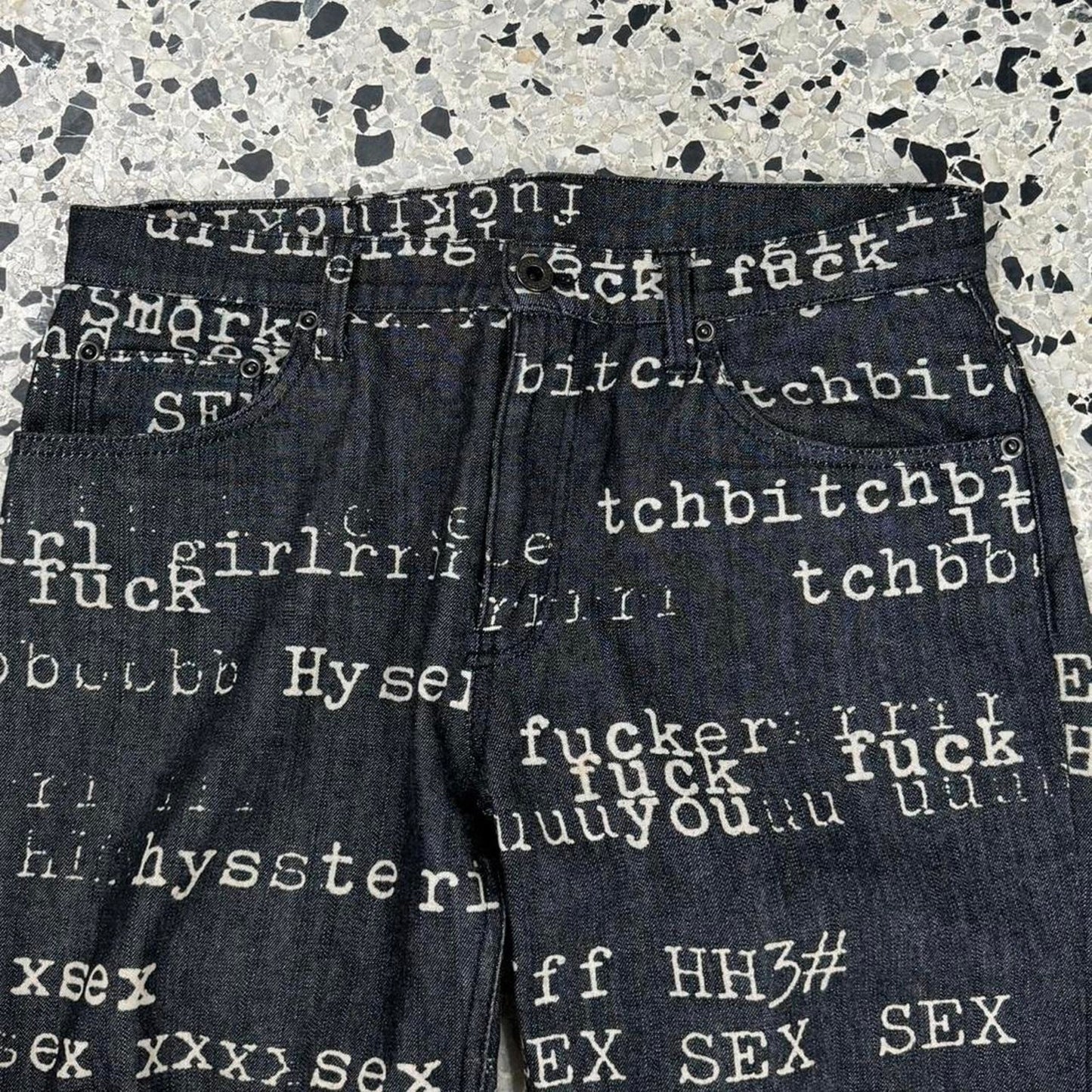 HYSTERIC GLAMOUR SS99 FUCK XXX SEX BITCH DENIM AOP PANTS: