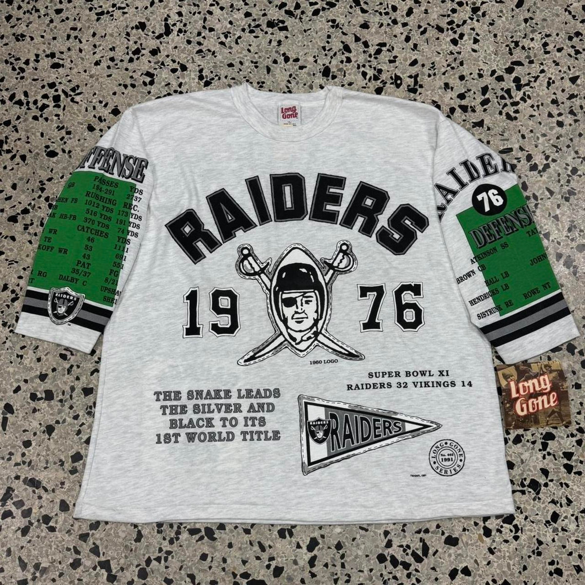 VINTAGE 90S SINGLE STITCH BNWT NOS LONG GONE RAIDERS AOP ¾ SLEEVE TEE:
