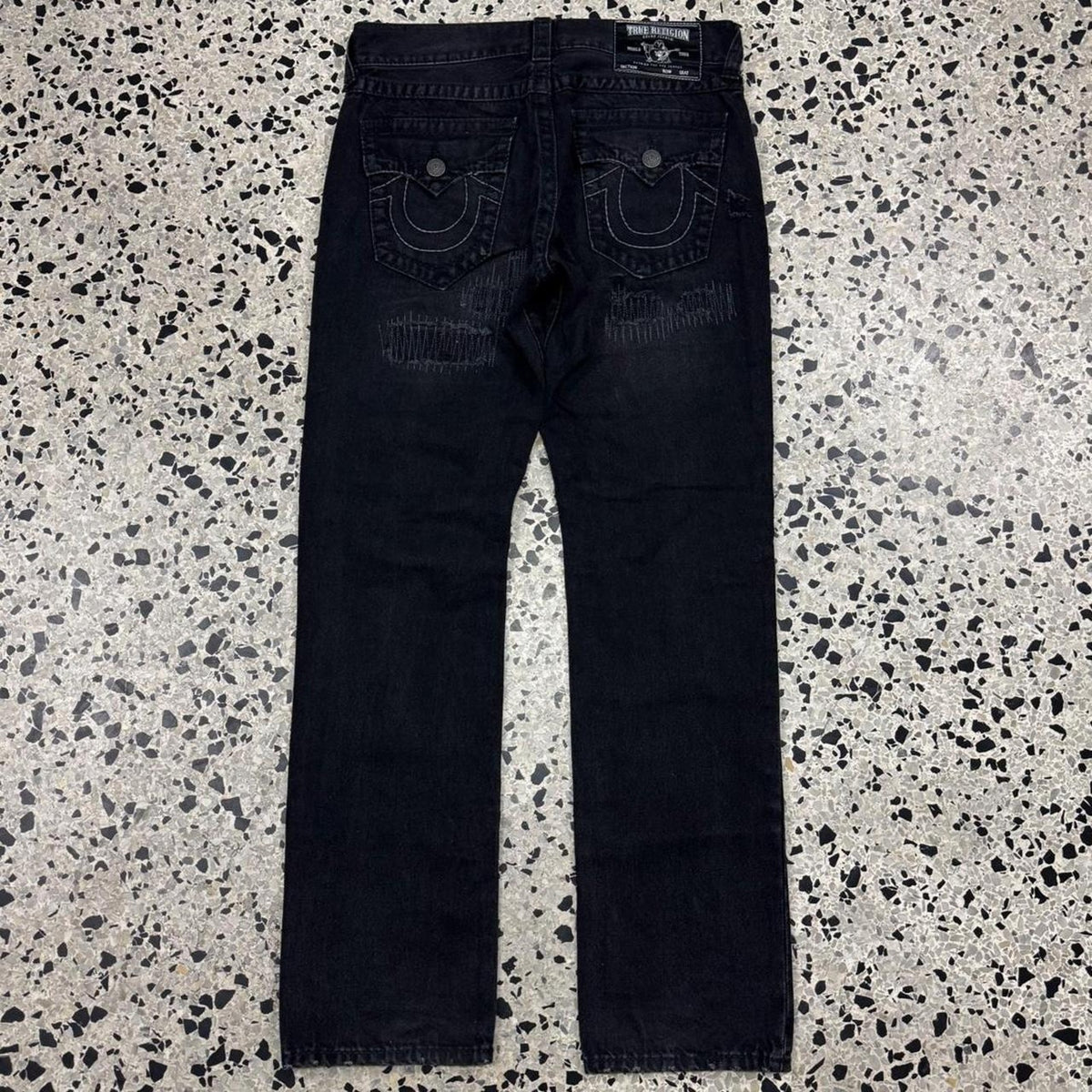 TRUE RELIGION RICKY RELAXED STRAIGHT PATCHWORK GRUNGE PUNK BLACK DENIM JEANS: