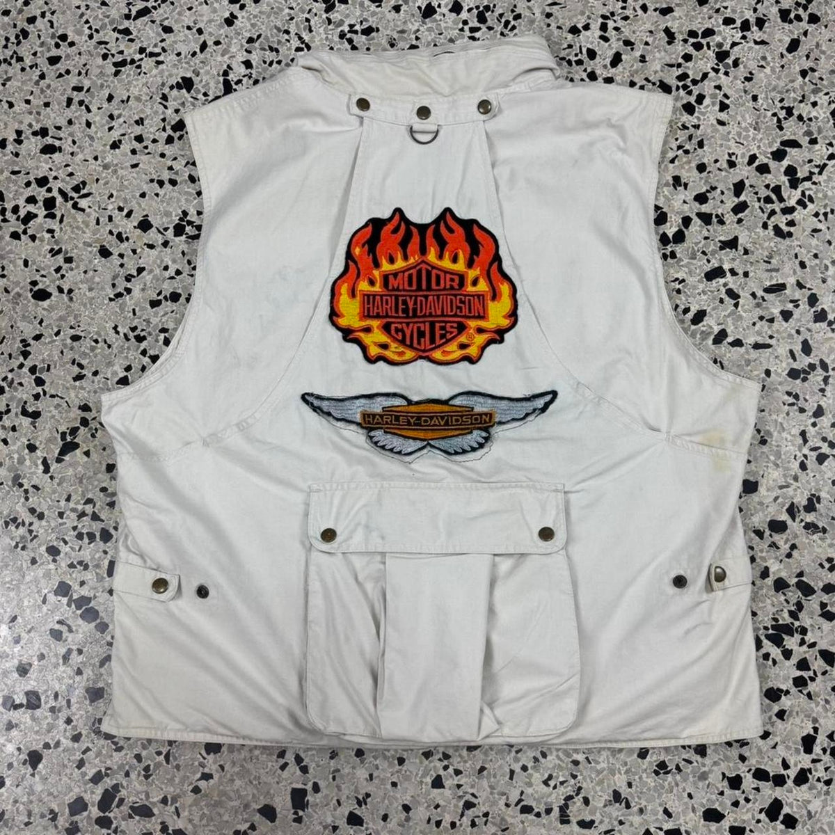VINTAGE 90S Y2K CUSTOM HARLEY DAVIDSON HUNTING VEST W/ HOOD: