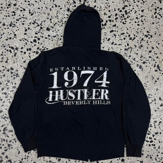 VINTAGE Y2K HUSTLER MAGAZINE EMBROIDERED ZIP UP PROMO HOODIE: