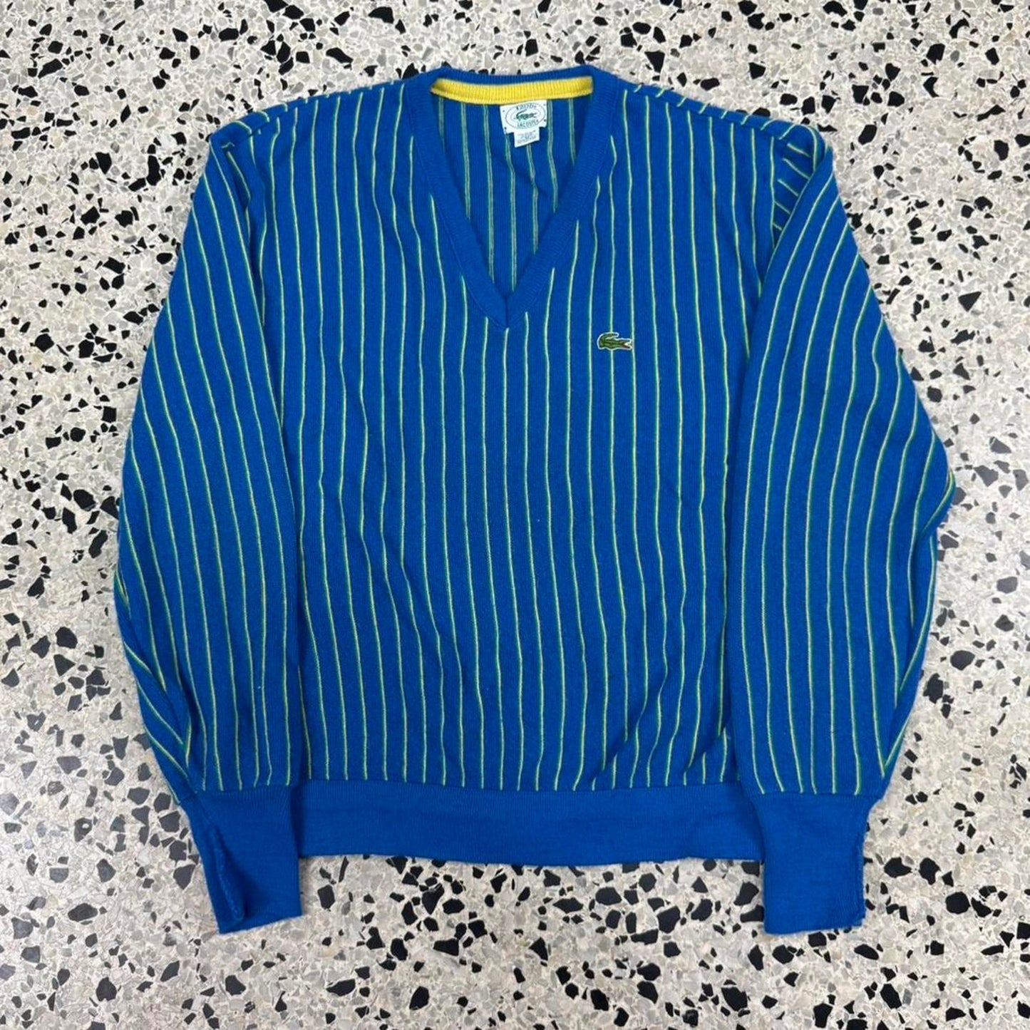 VINTAGE 70S 80S IZOD LACOSTE MADE IN USA V NECK VERTICAL STRIPED SWEATER: