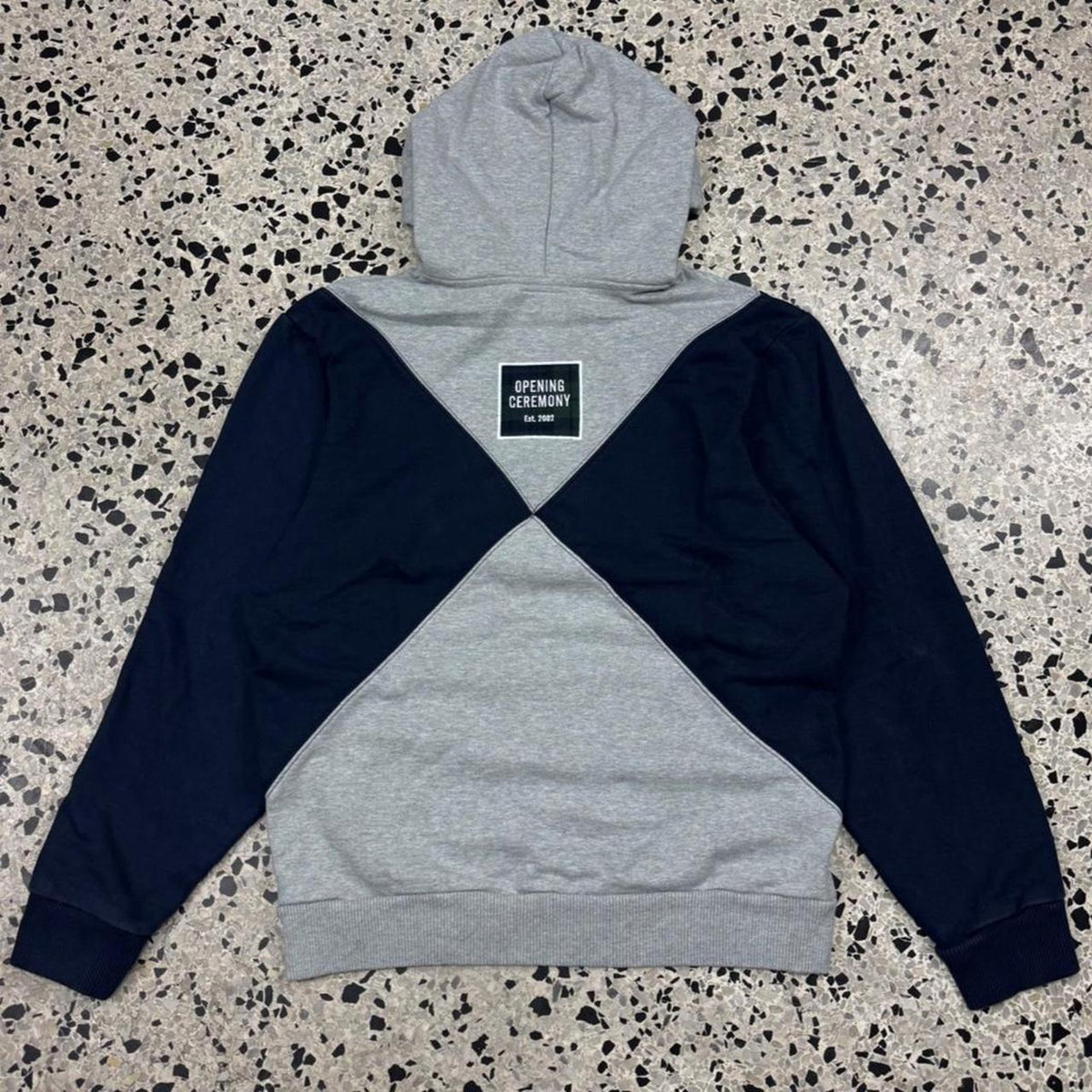 GAP X OPENING CEREMONY GRAY & NAVY COLORBLOCKED X PATTERN HOODIE: