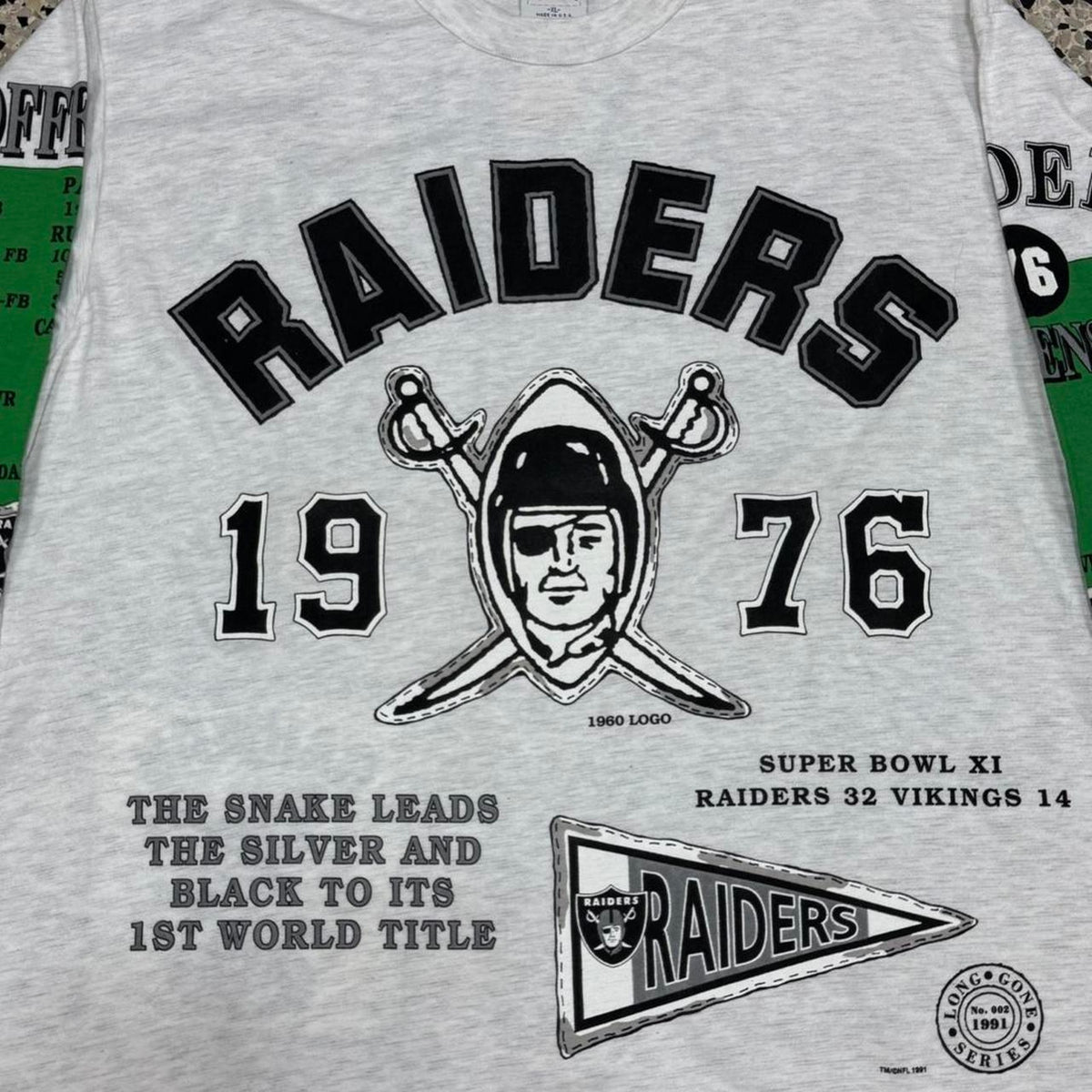 VINTAGE 90S SINGLE STITCH BNWT NOS LONG GONE RAIDERS AOP ¾ SLEEVE TEE: