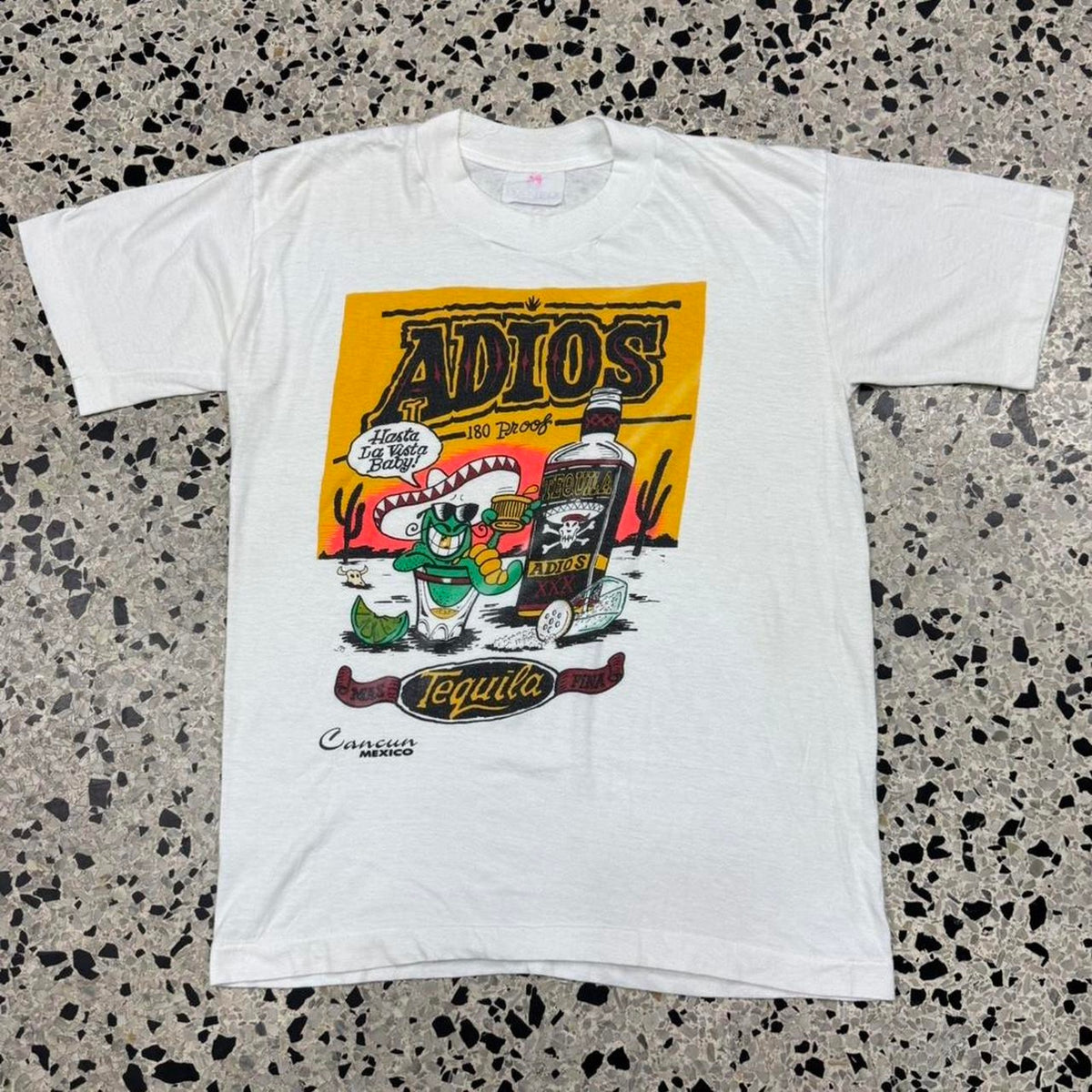 VINTAGE 90S SINGLE STITCH ADIOS TEQUILA 180 PROOF WORM CANCUN MEXICO TEE: