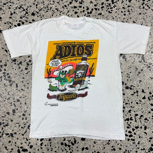 VINTAGE 90S SINGLE STITCH ADIOS TEQUILA 180 PROOF WORM CANCUN MEXICO TEE: