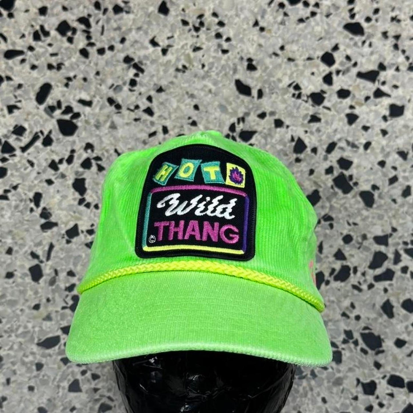 VINTAGE 90S HOT WILD THANG FLORIDA TOURIST CORDUROY LIME GREEN STRAPBACK HAT: