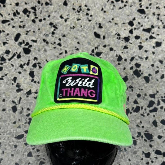 VINTAGE 90S HOT WILD THANG FLORIDA TOURIST CORDUROY LIME GREEN STRAPBACK HAT: