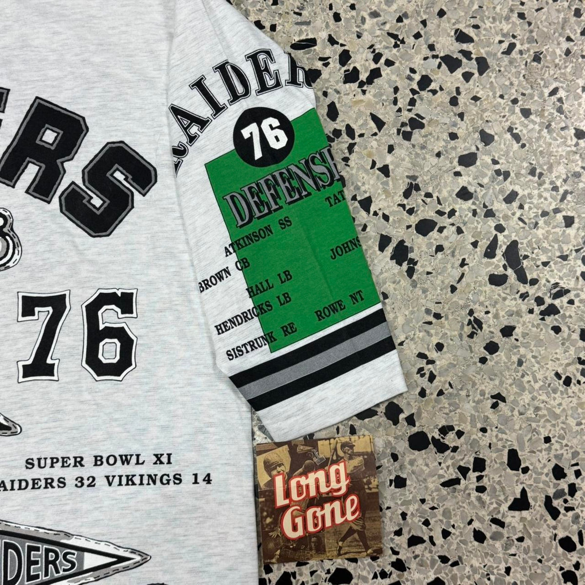 VINTAGE 90S SINGLE STITCH BNWT NOS LONG GONE RAIDERS AOP ¾ SLEEVE TEE: