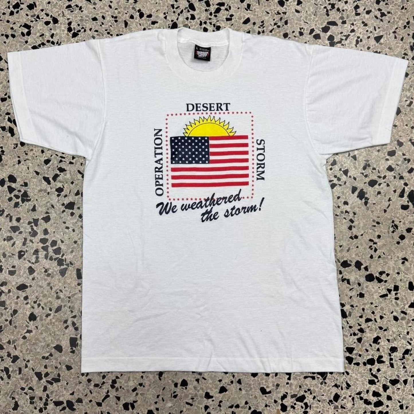 VINTAGE 90S SINGLE STITCH DESERT STORM WE WEATHERED THE STORM TEE: