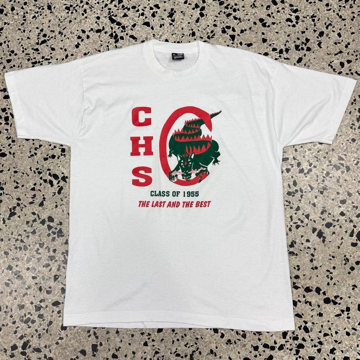 VINTAGE 80S 90S SINGLE STITCH CHS DRAGONS CLASS OF 1955 REUNION TEE: