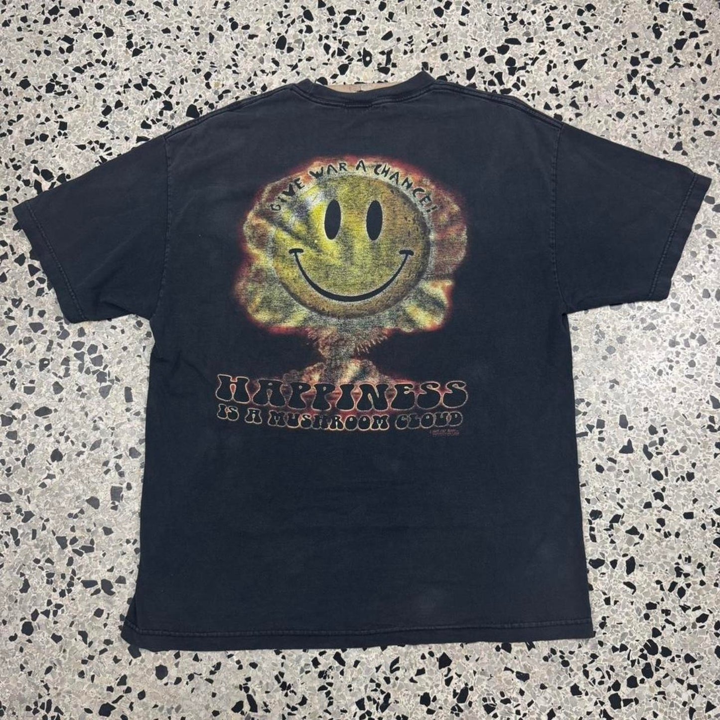 VINTAGE Y2K HAPPINESS IS A MUSHROOM CLOUD GIVE WAR A CHANCE SMILEY FACE TEE: