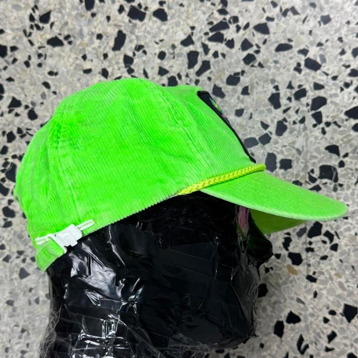 VINTAGE 90S HOT WILD THANG FLORIDA TOURIST CORDUROY LIME GREEN STRAPBACK HAT: